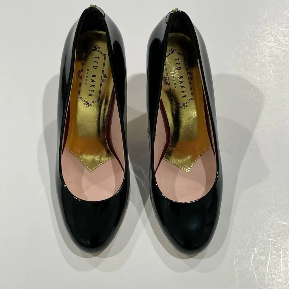 Ted Baker London Glossy Black Heels with Gold Detail - Picture 8 of 11